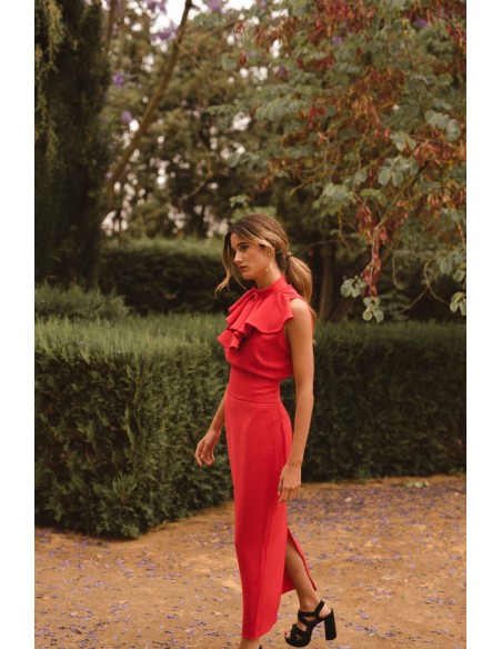 Falda midi recta de tiro alto roja