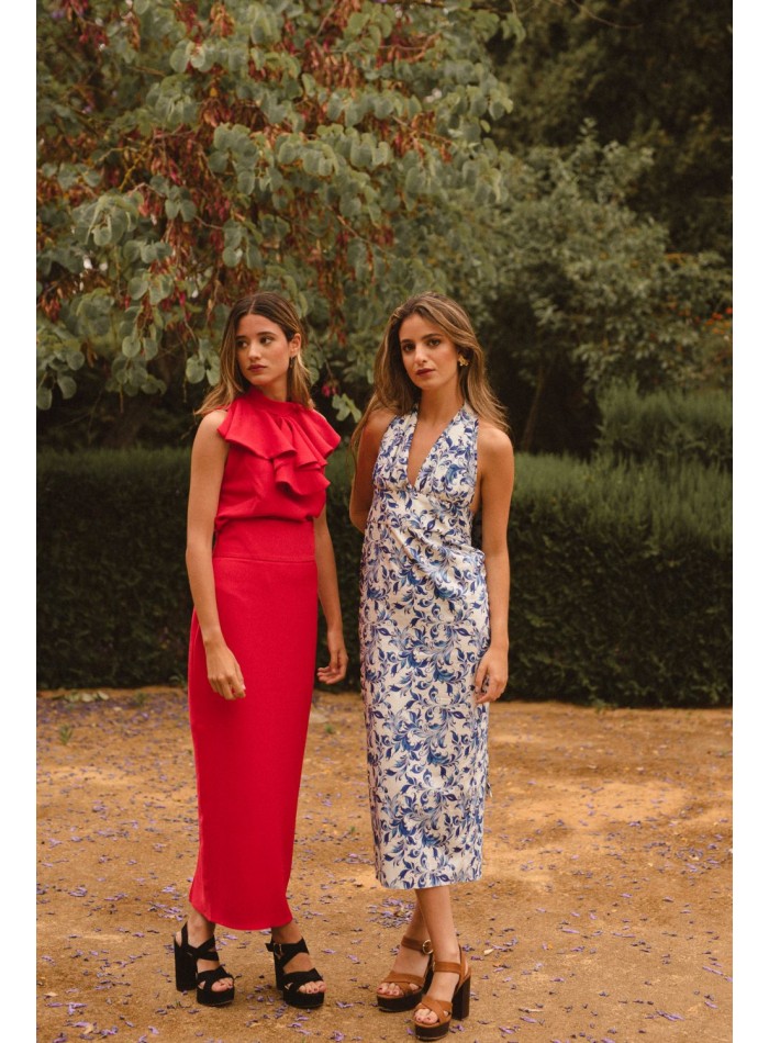 Red straight high-waist midi skirt