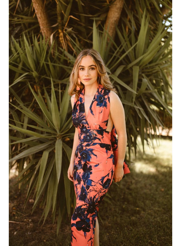 Vestido midi satén estampado coral y azul