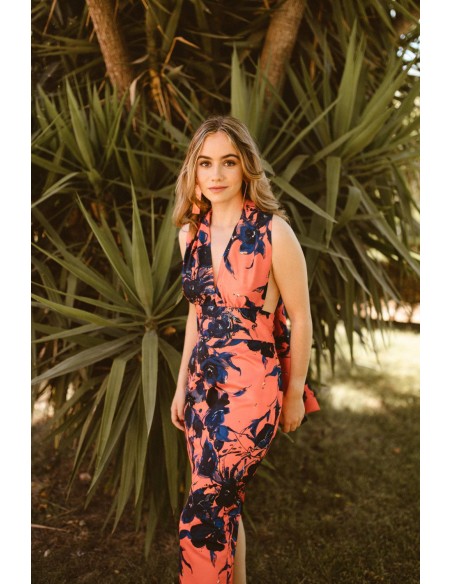 Robe midi en satin imprimé corail et bleu