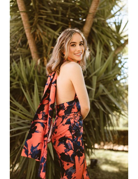 Robe midi en satin imprimé corail et bleu