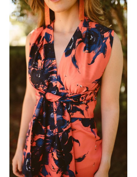 Robe midi en satin imprimé corail et bleu