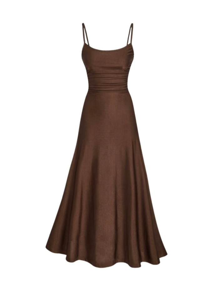 Vestido midi lencero marrón chocolate con tirantes para ocasiones especiales