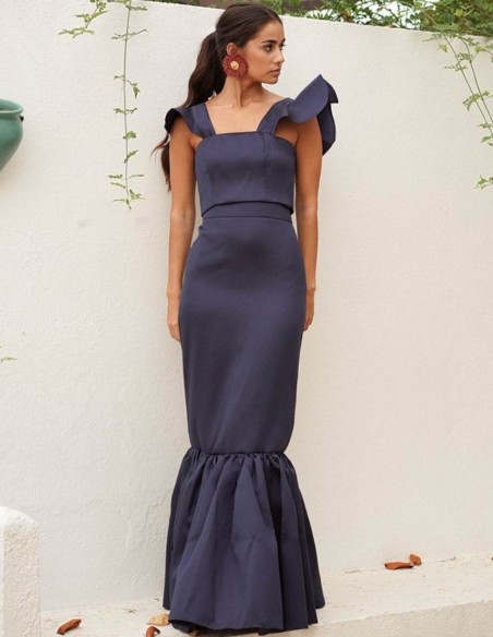 Falda larga azul marino con maxi volante Falda larga azul marino con maxi volante