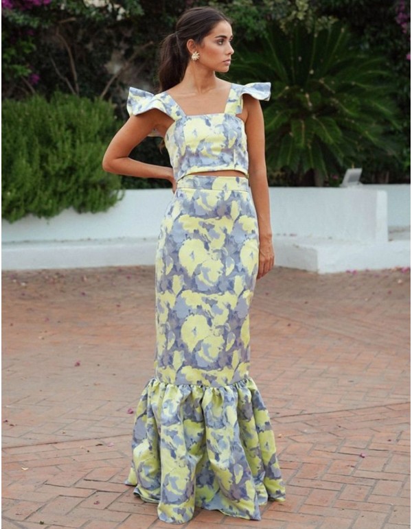 Long jacquard skirt in blue and yellow