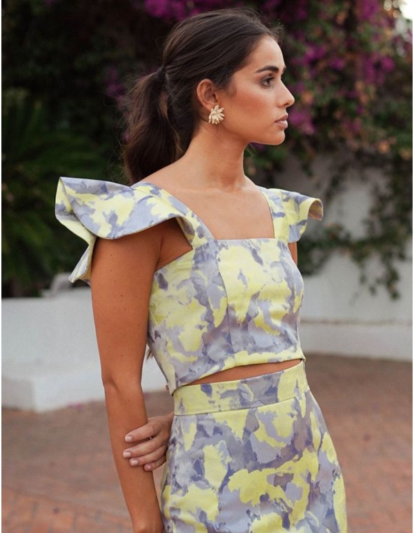 Blue and yellow jacquard top with ruffles
