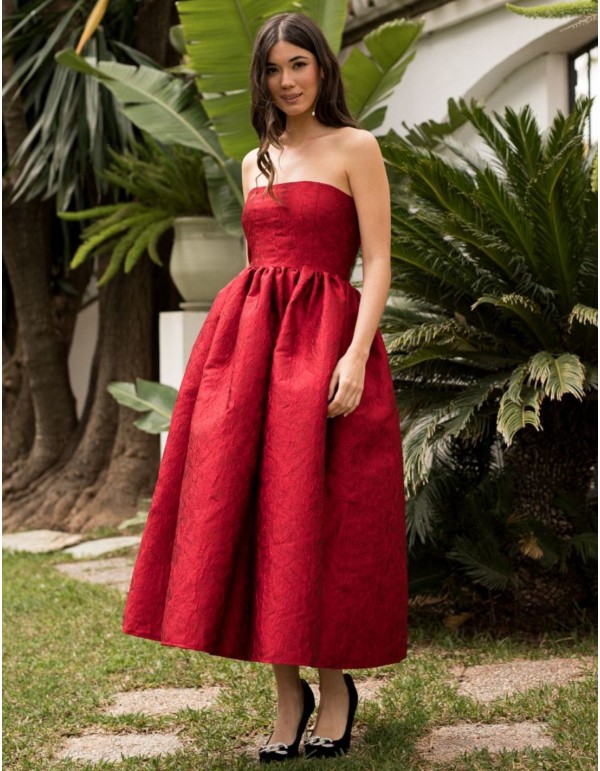 Vestido midi rojo palabra de honor con bolsillos