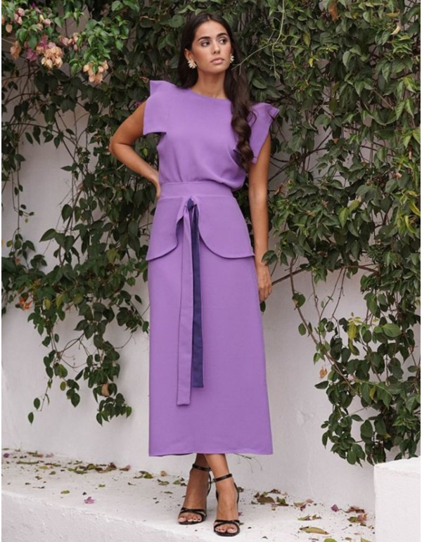 Falda midi evasé malva con volante y lazada