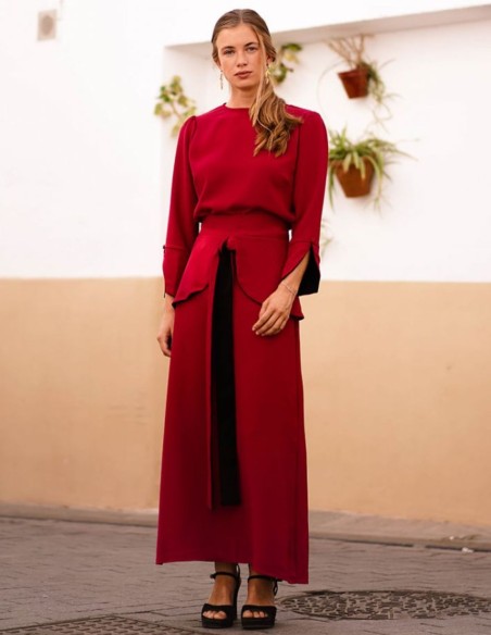 Red flared midi skirt with ruffle and lacing