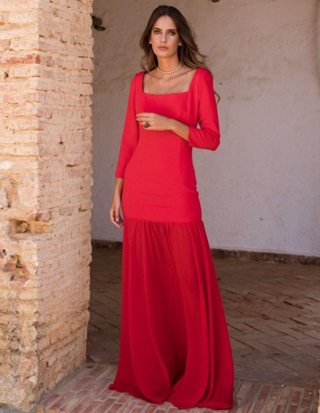 Long red dress with chiffon skirt and crepe bodice