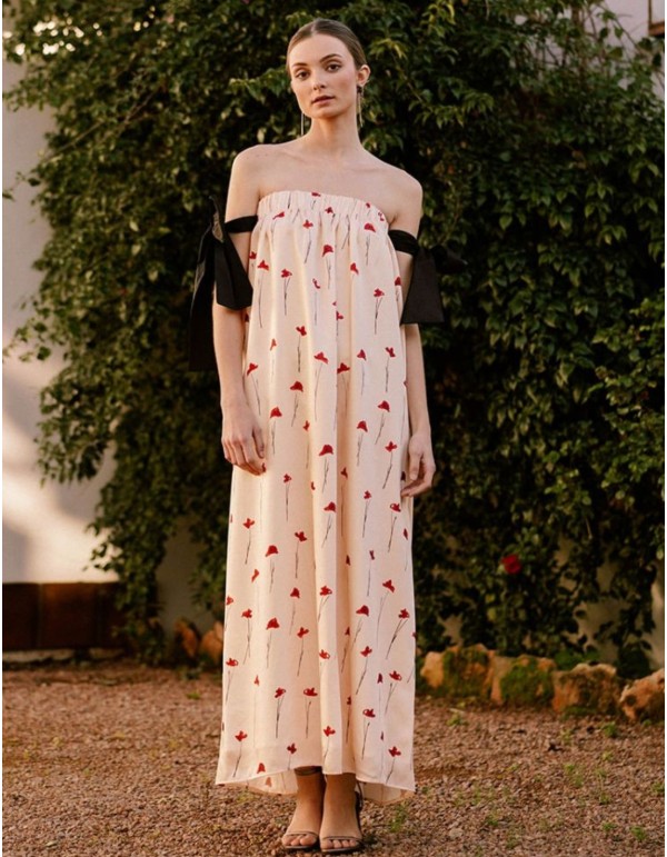 Vestido midi beige con estampado de rosas