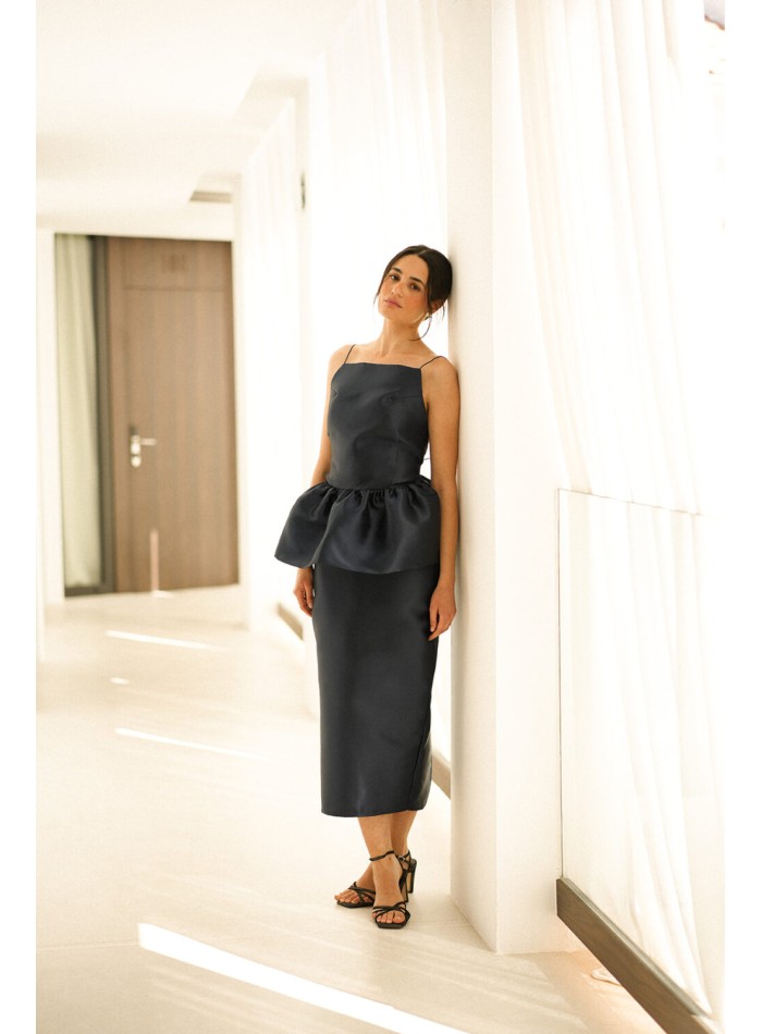 Navy blue satin midi skirt with slit