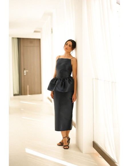 Navy blue satin midi skirt with slit