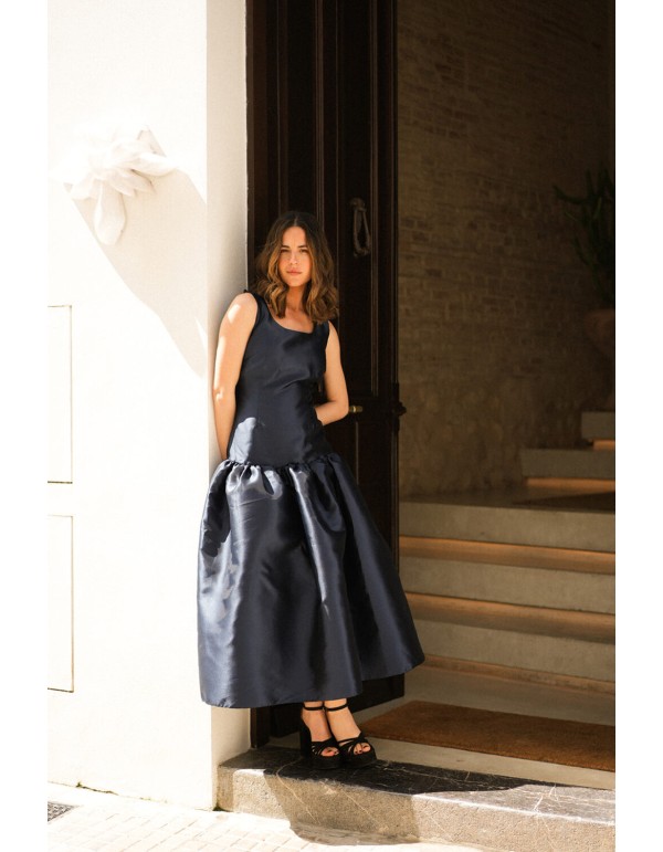 Navy blue midi party dress with maxi mikado flounce 2