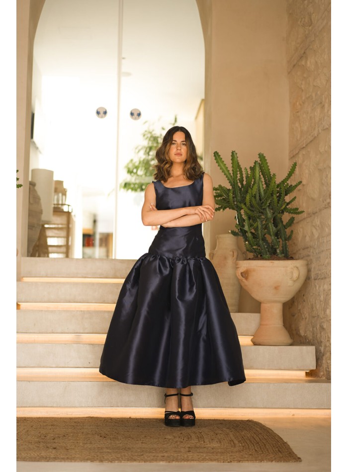Navy blue midi party dress with maxi mikado...