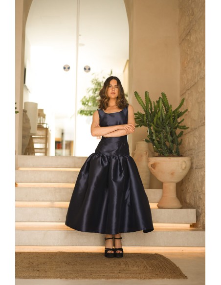 Navy blue midi party dress with maxi mikado flounce