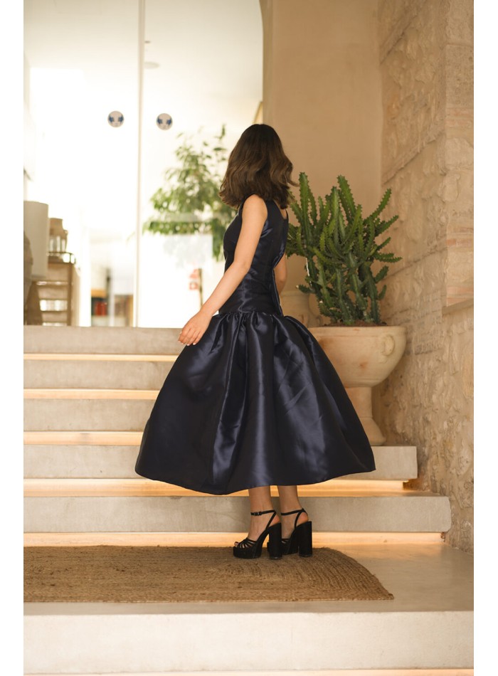 Navy blue midi party dress with maxi mikado...