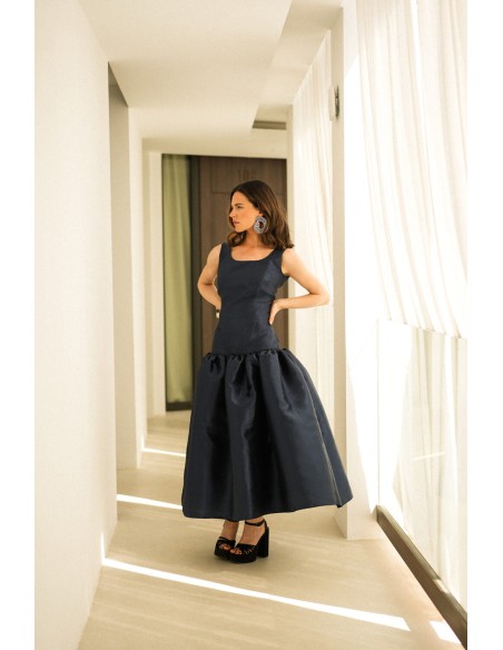 Navy blue midi party dress with maxi mikado flounce