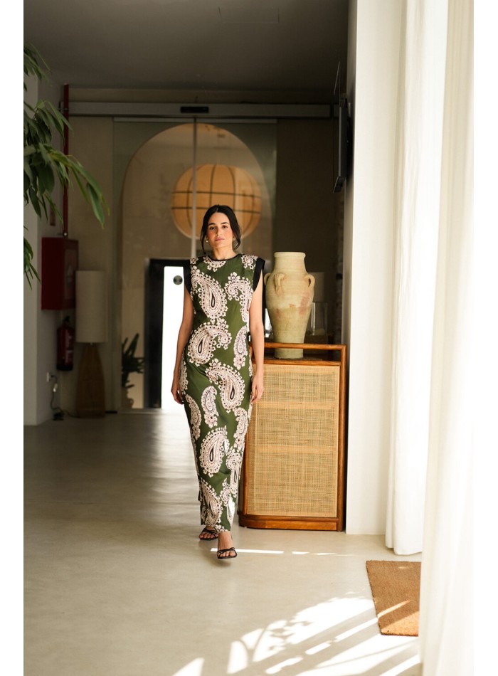 Robe longue imprimée vert kaki avec épaulettes
