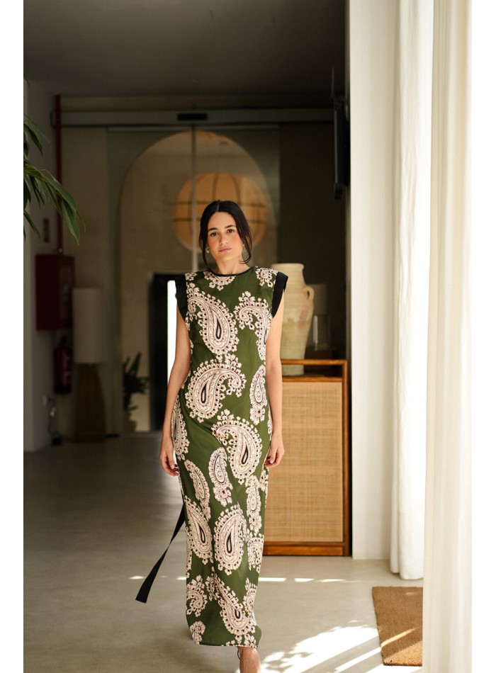 Khaki green long printed dress with shoulder pads