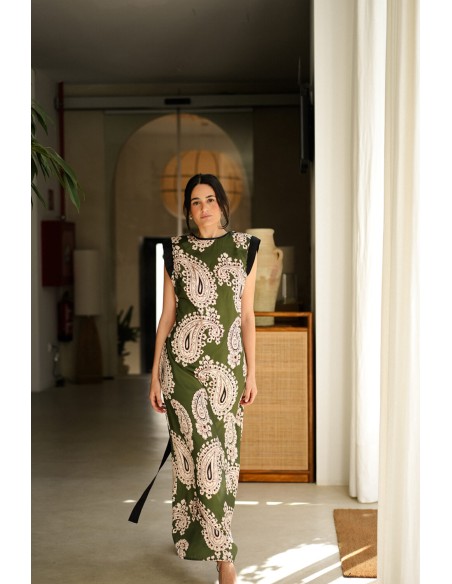 Khaki green long printed dress with shoulder pads