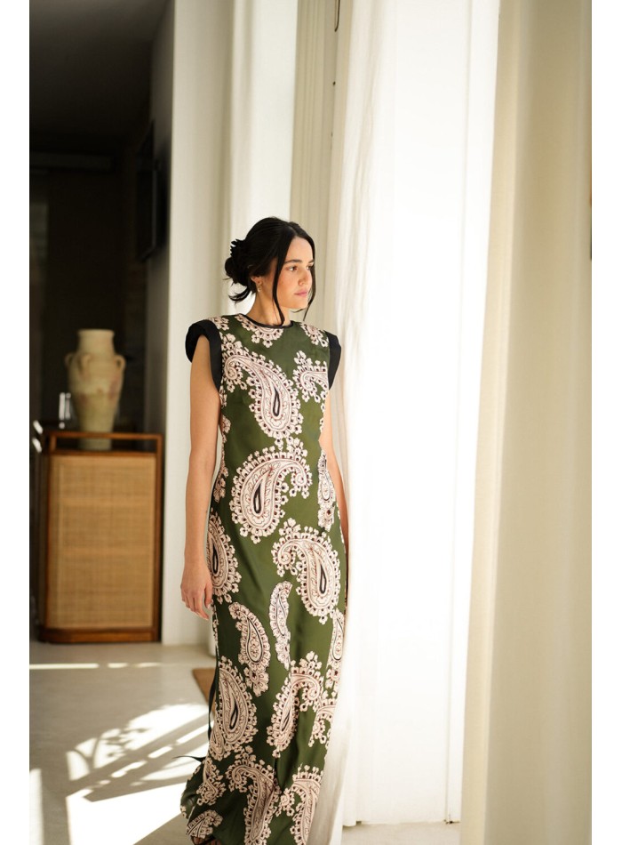 Khaki green long printed dress with shoulder pads