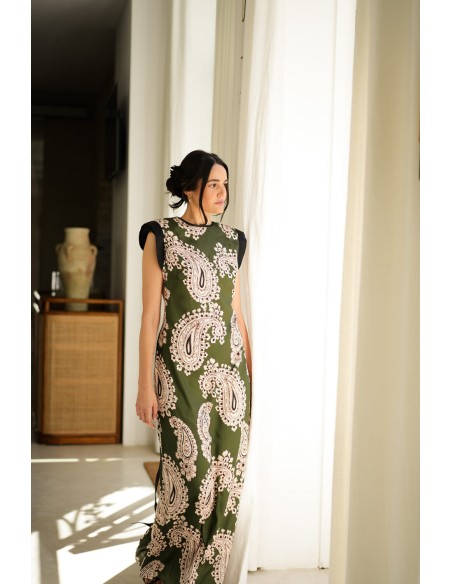 Vestido largo verde caqui estampado con hombreras para graduaciones