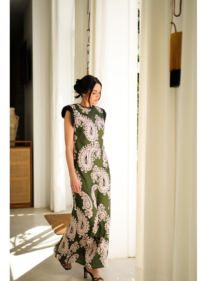 Khaki green long printed dress with shoulder pads