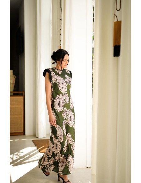 Khaki green long printed dress with shoulder pads
