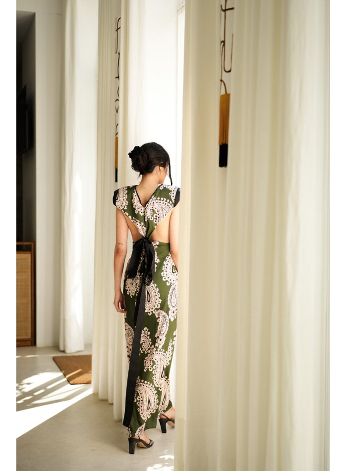 Khaki green long printed dress with shoulder pads