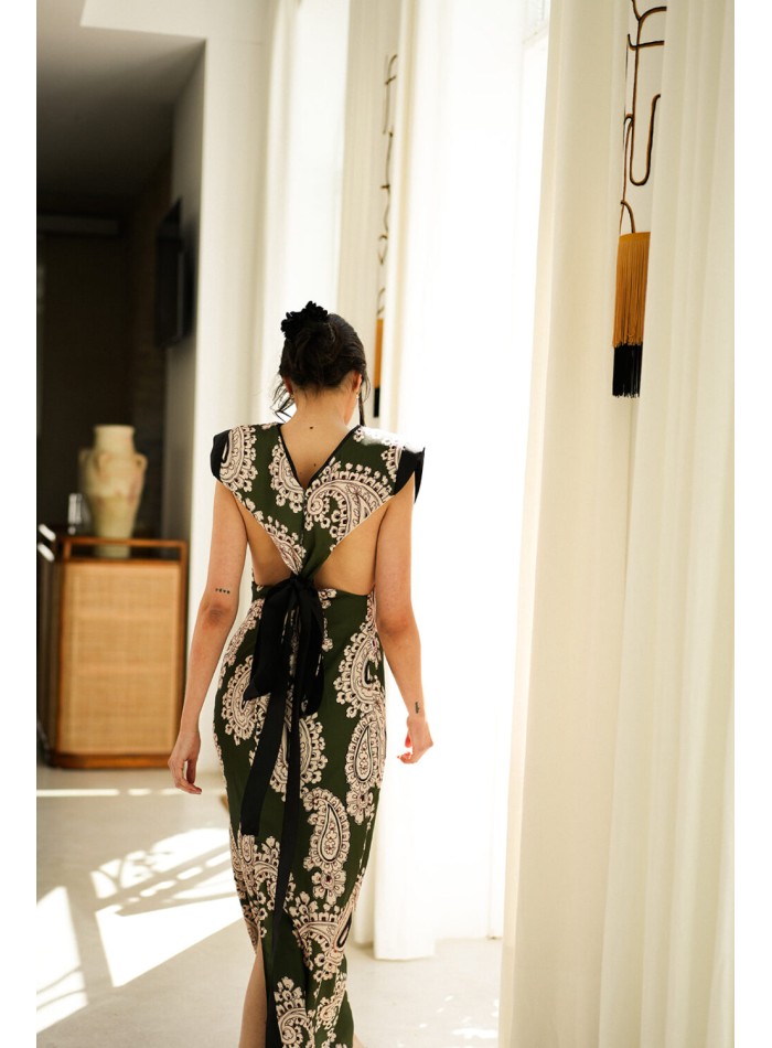 Robe longue imprimée vert kaki avec épaulettes