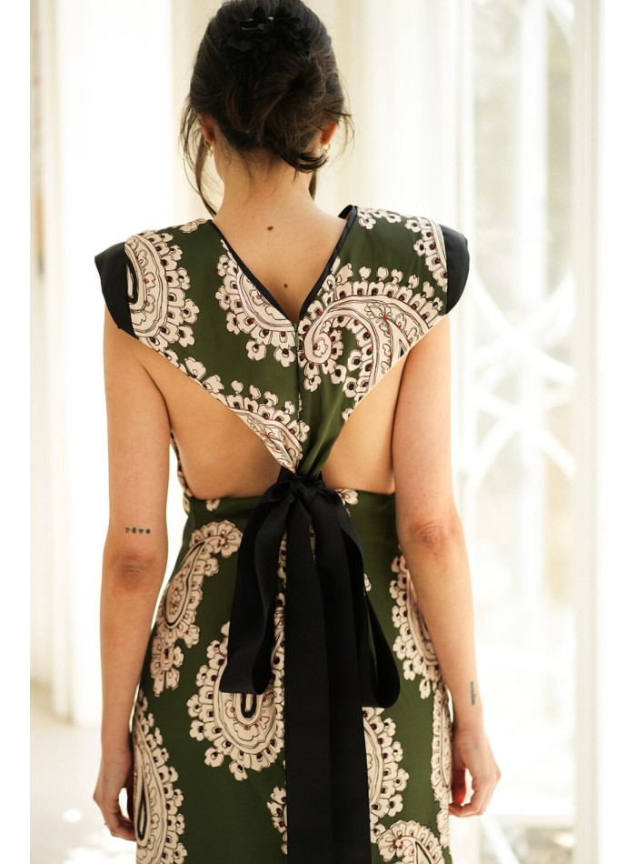 Khaki green long printed dress with shoulder pads