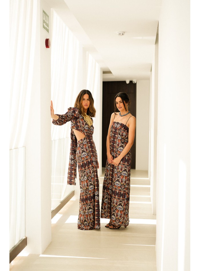 Vestido largo estampado étnico cut-out con manga francesa para eventos