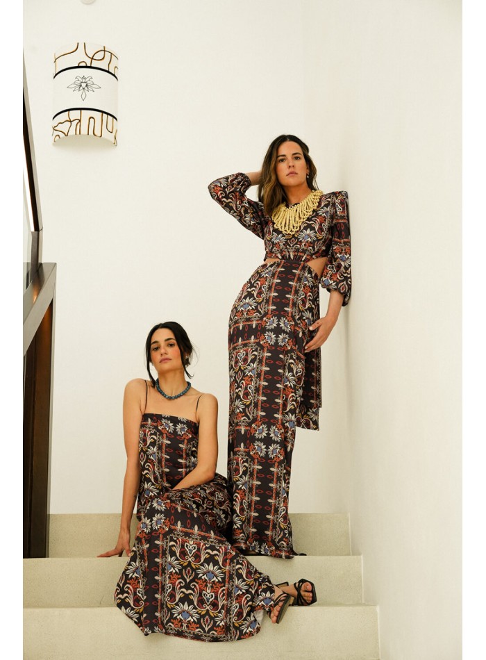 Long cut-out ethnic print dress with french...