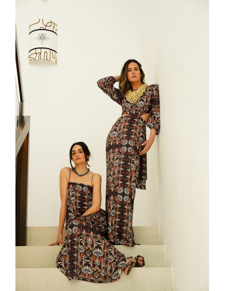 Vestido largo estampado étnico cut-out con manga francesa para eventos especiales