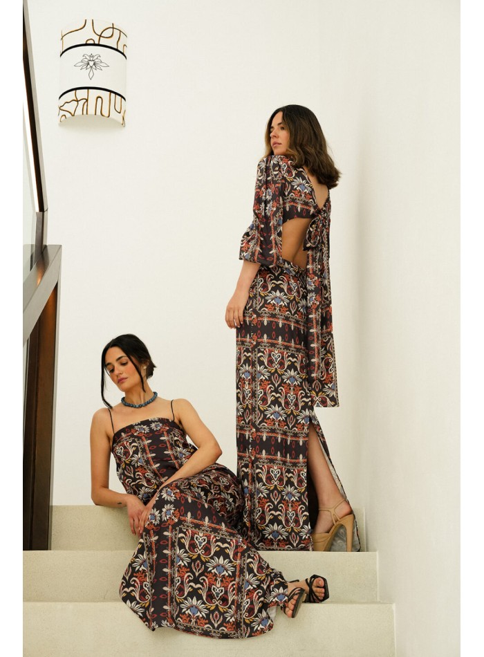 Robe longue découpée à imprimé ethnique avec...