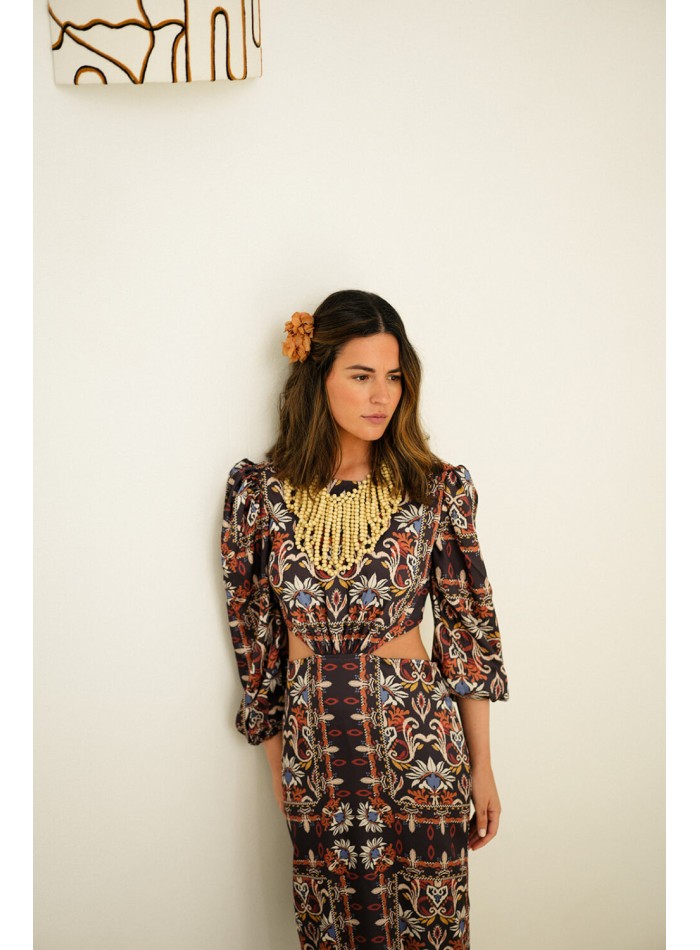 Long cut-out ethnic print dress with french...