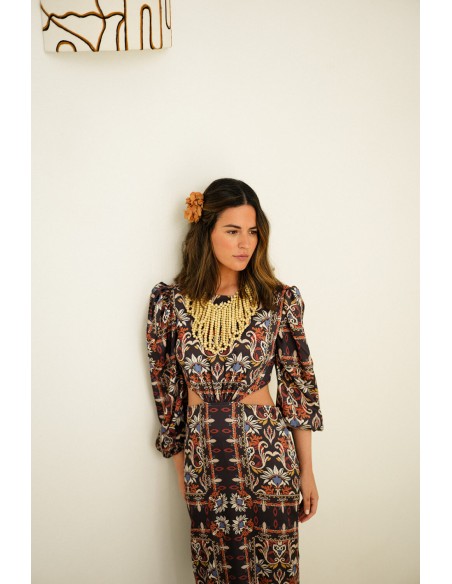 Long cut-out ethnic print dress with french sleeves