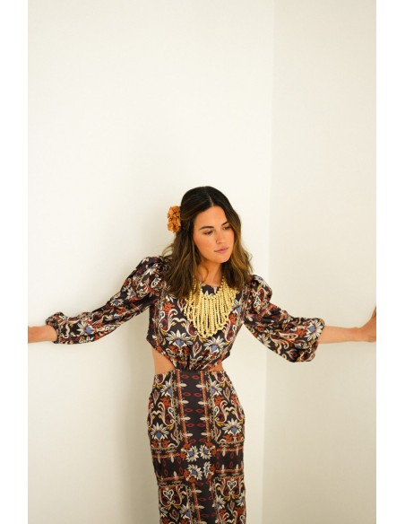 Long cut-out ethnic print dress with french sleeves