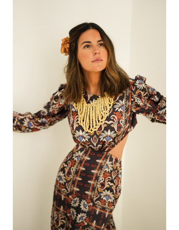 Robe longue découpée à imprimé ethnique avec manches... 2