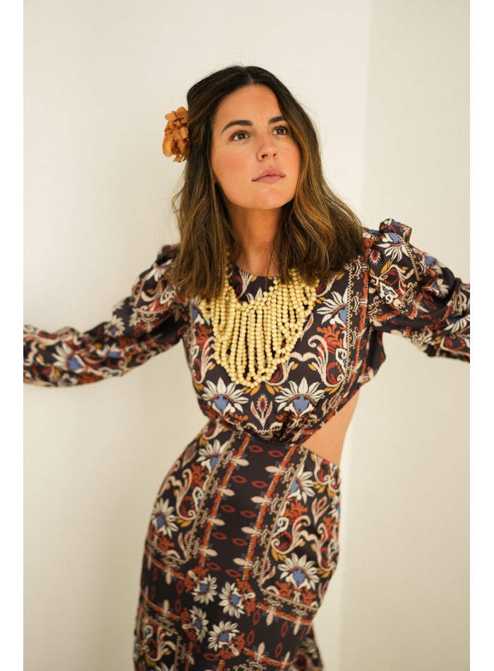 Long cut-out ethnic print dress with french...