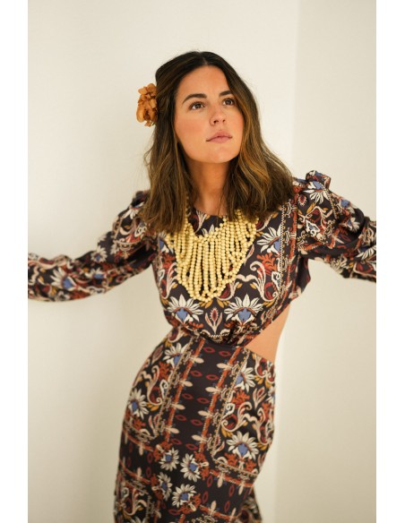 Robe longue découpée à imprimé ethnique avec manches françaises