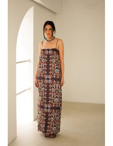Robe droite longue à imprimé ethnique