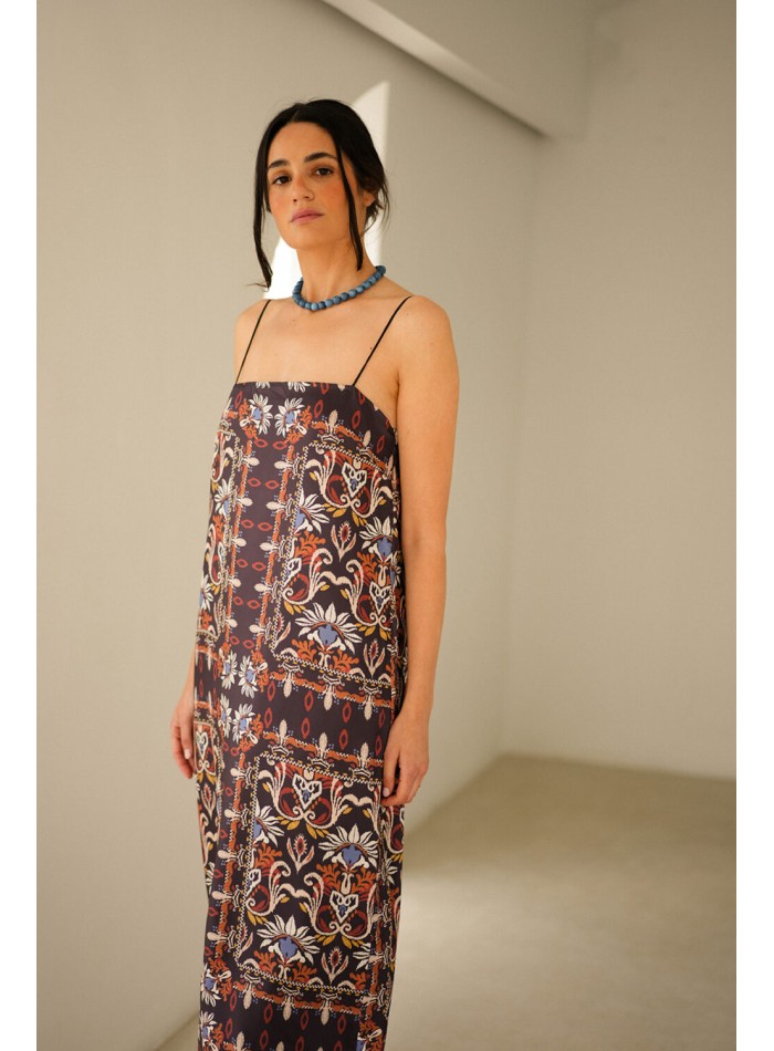 Robe droite longue à imprimé ethnique