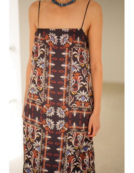 Robe droite longue à imprimé ethnique