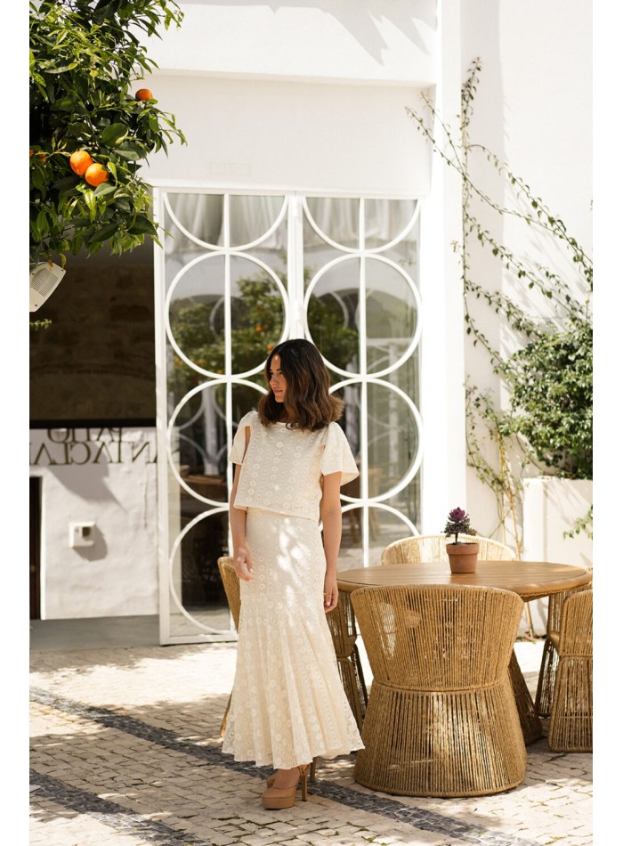 Falda midi de fiesta cruda de encaje con volante alto para novia civil