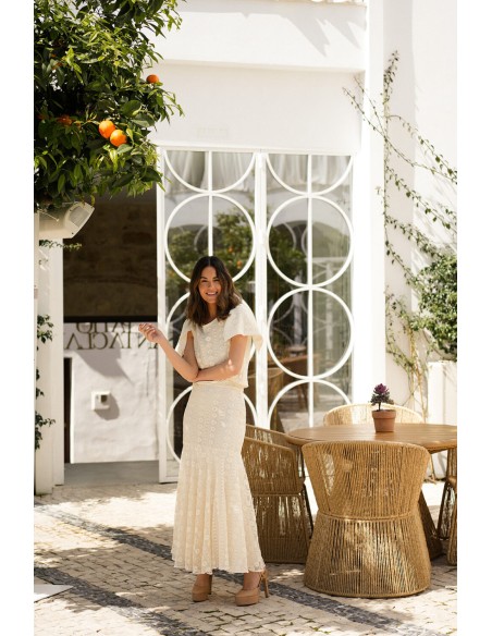 Jupe de fête midi brute en macramé avec volant haut