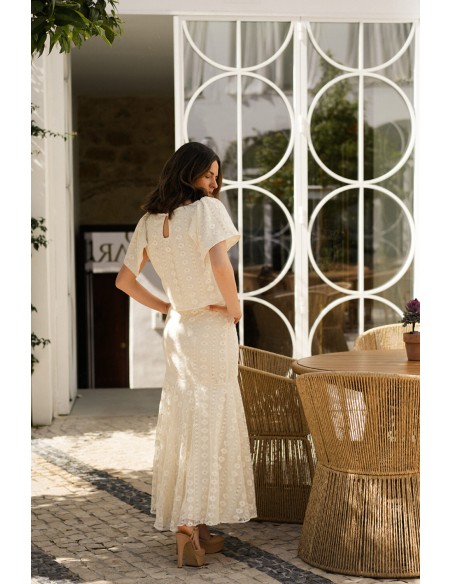 Raw macramé top with short flying sleeves