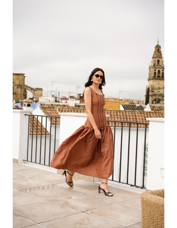 Brown midi dress with flounce and black details 2
