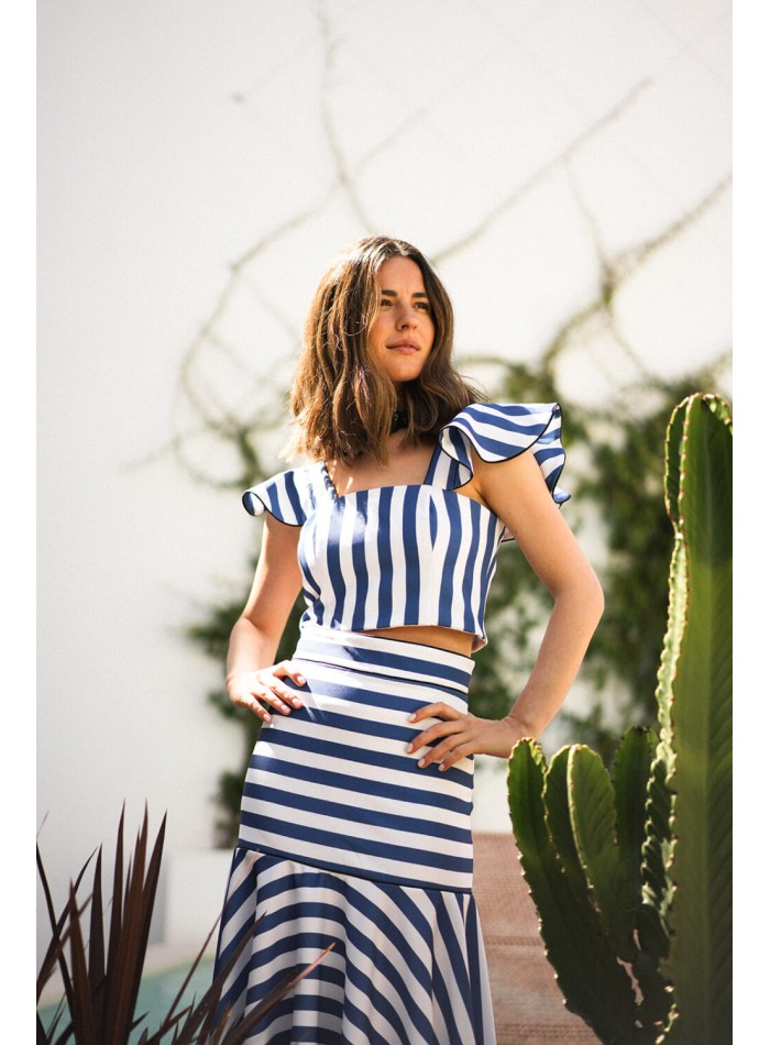 Strapless top with stripes and ruffles